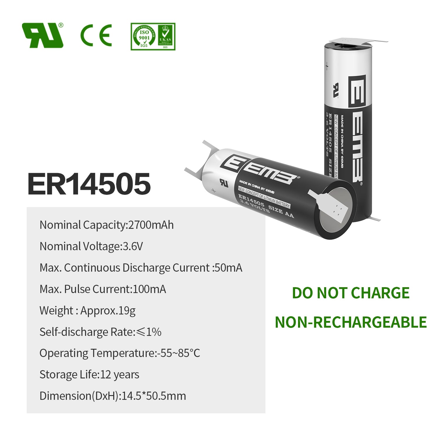 ViCep 2-pack ER14505 AA 3,6V lithiumbatterij Li-SOCL₂ 2700mAh LS14500 ViCep 2-pack ER14505 AA 3,6V lithiumbatterij Li-SOCL₂ 2700mAh LS14500