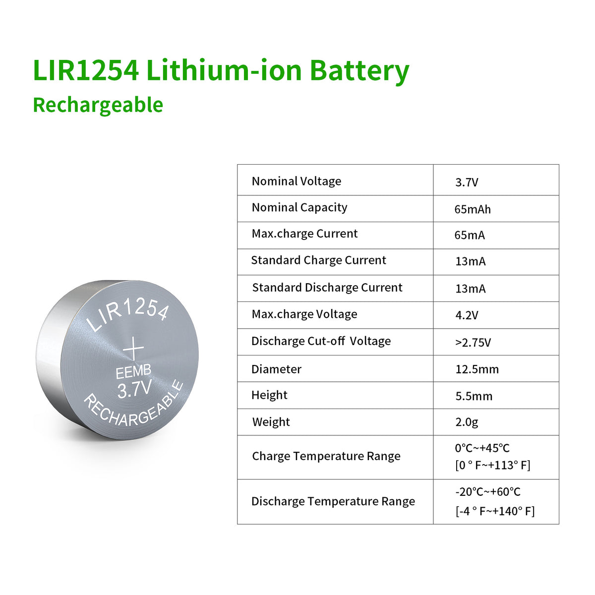 LIR1254 --  3.7V 65mAh