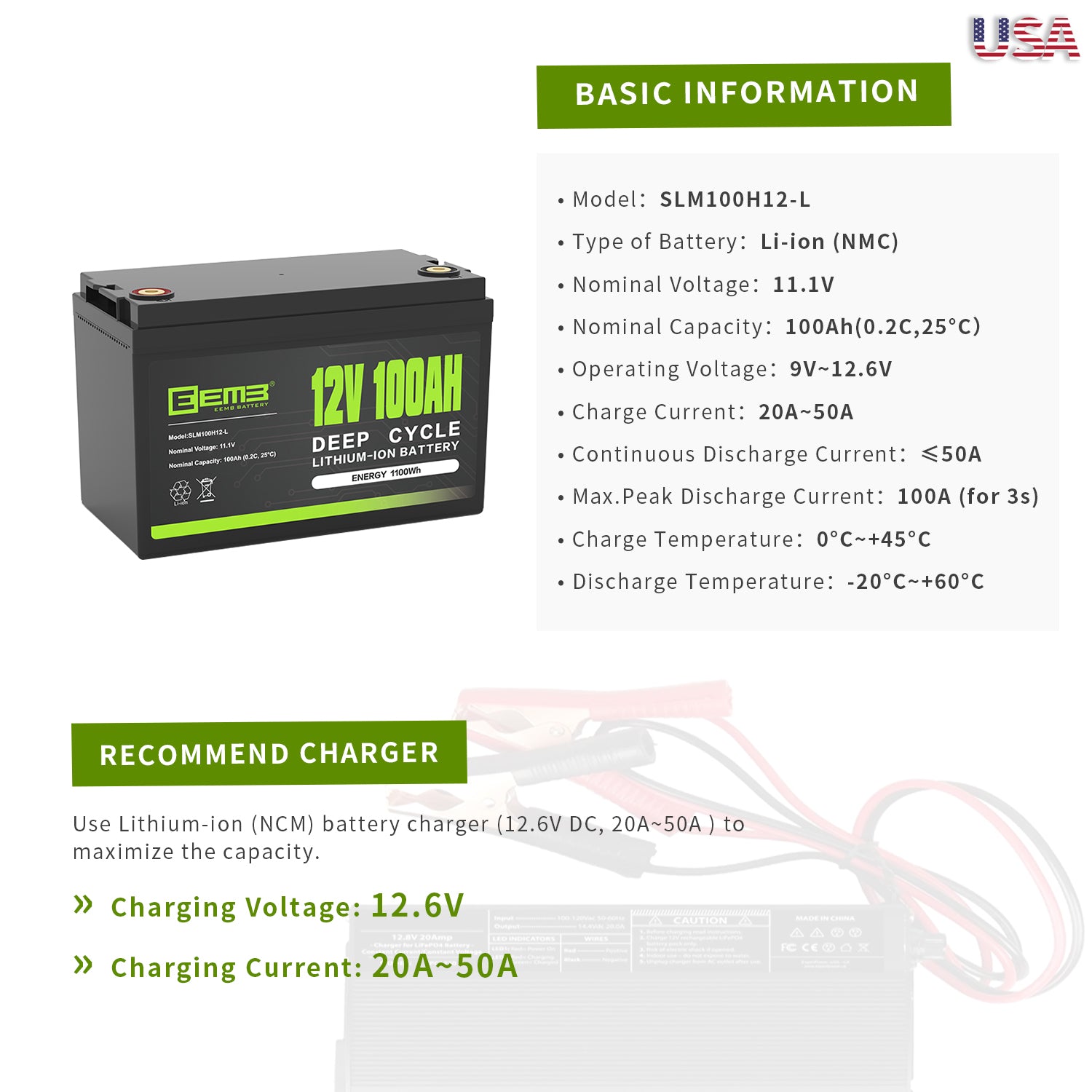 EEMB 12V 100AH Deep Cycle Li-ion Battery Energy Storage 1.2kWh Solar-RV-OffGrid Power Lead Acid Batteries Replacement