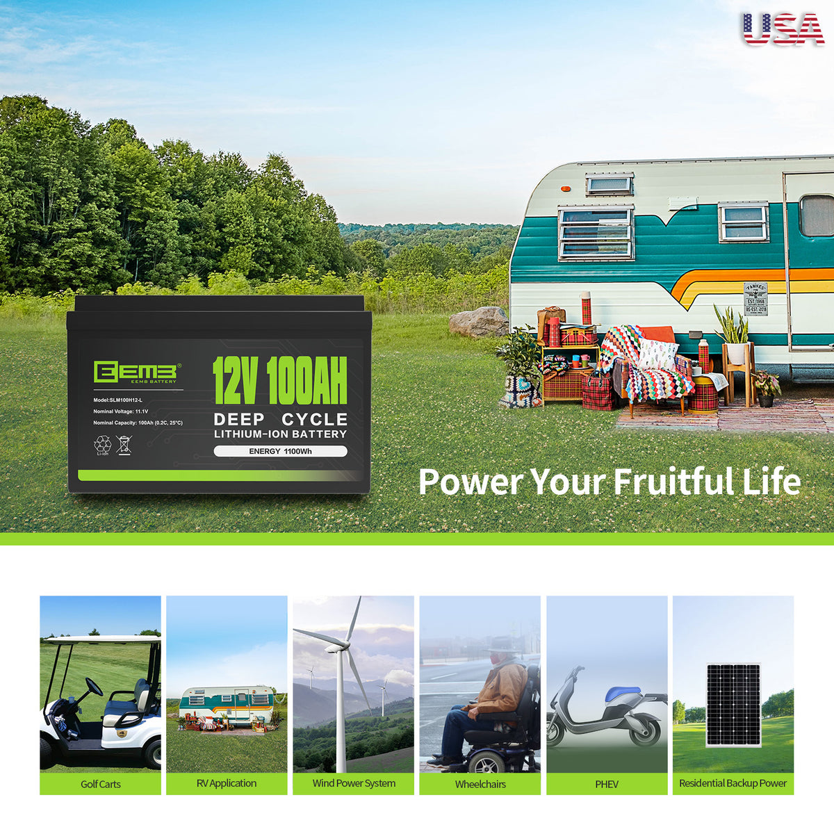EEMB 12V 100AH Deep Cycle Li-ion Battery Energy Storage 1.2kWh Solar-RV-OffGrid Power Lead Acid Batteries Replacement