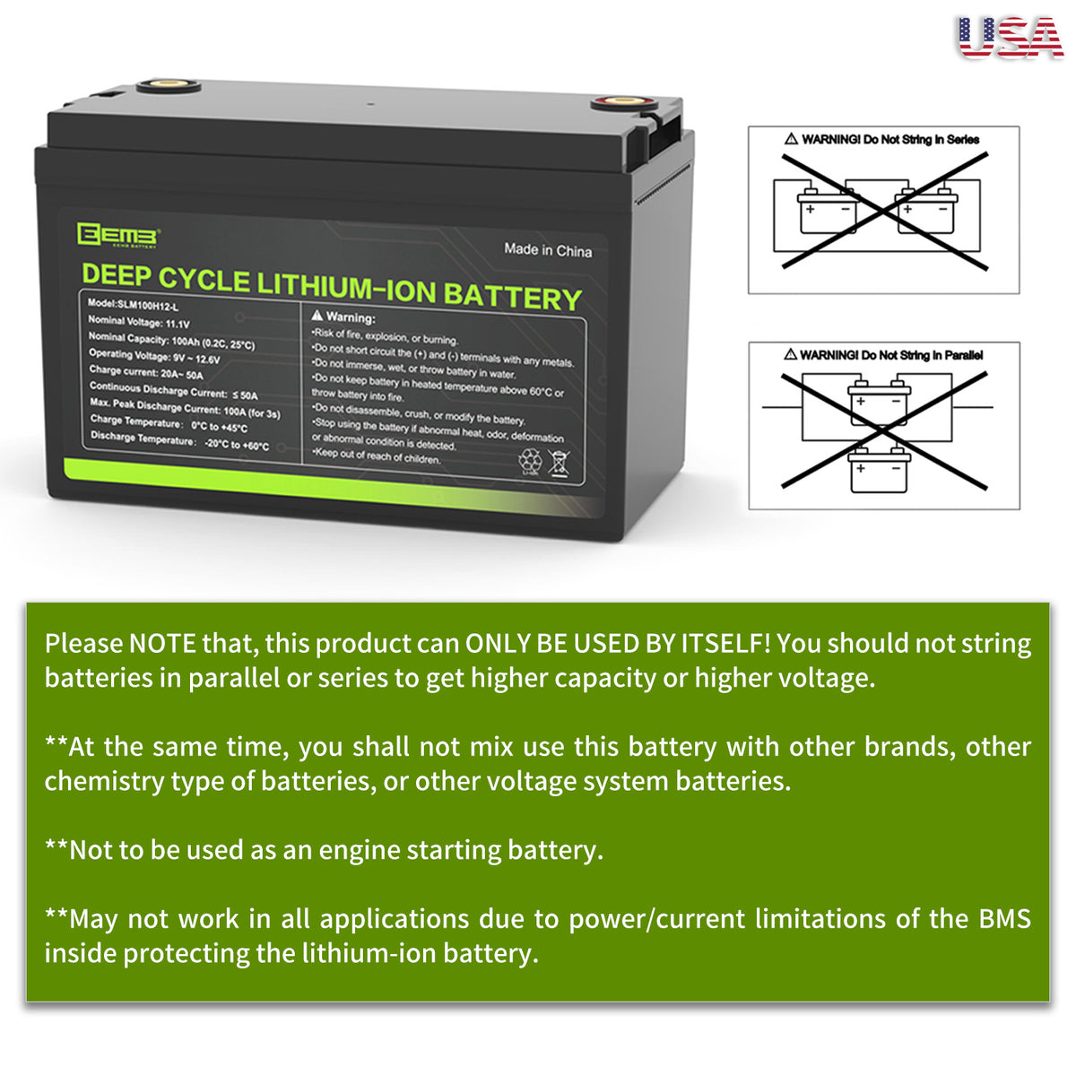 EEMB 12V 100AH Deep Cycle Li-ion Battery Energy Storage 1.2kWh Solar-RV-OffGrid Power Lead Acid Batteries Replacement
