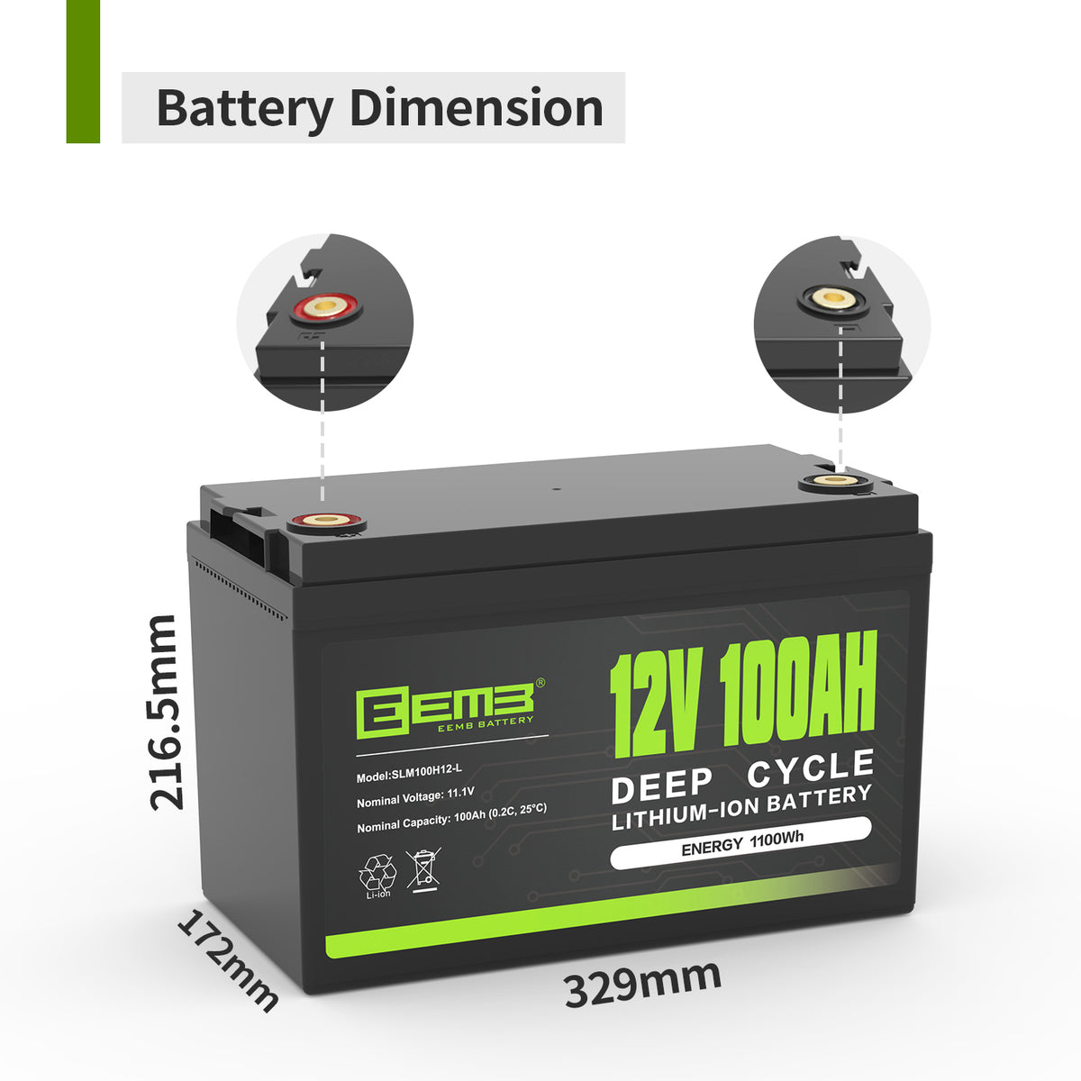 EEMB 12V 100AH Deep Cycle Li-ion Battery Energy Storage 1.2kWh Solar-RV-OffGrid Power Lead Acid Batteries Replacement