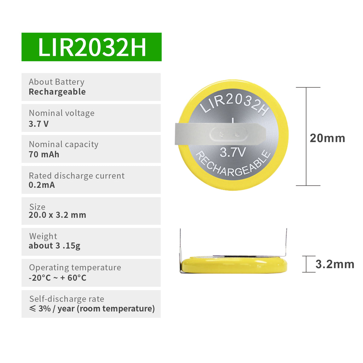 LIR2032H-VBY2 --  3.7V  70mAh