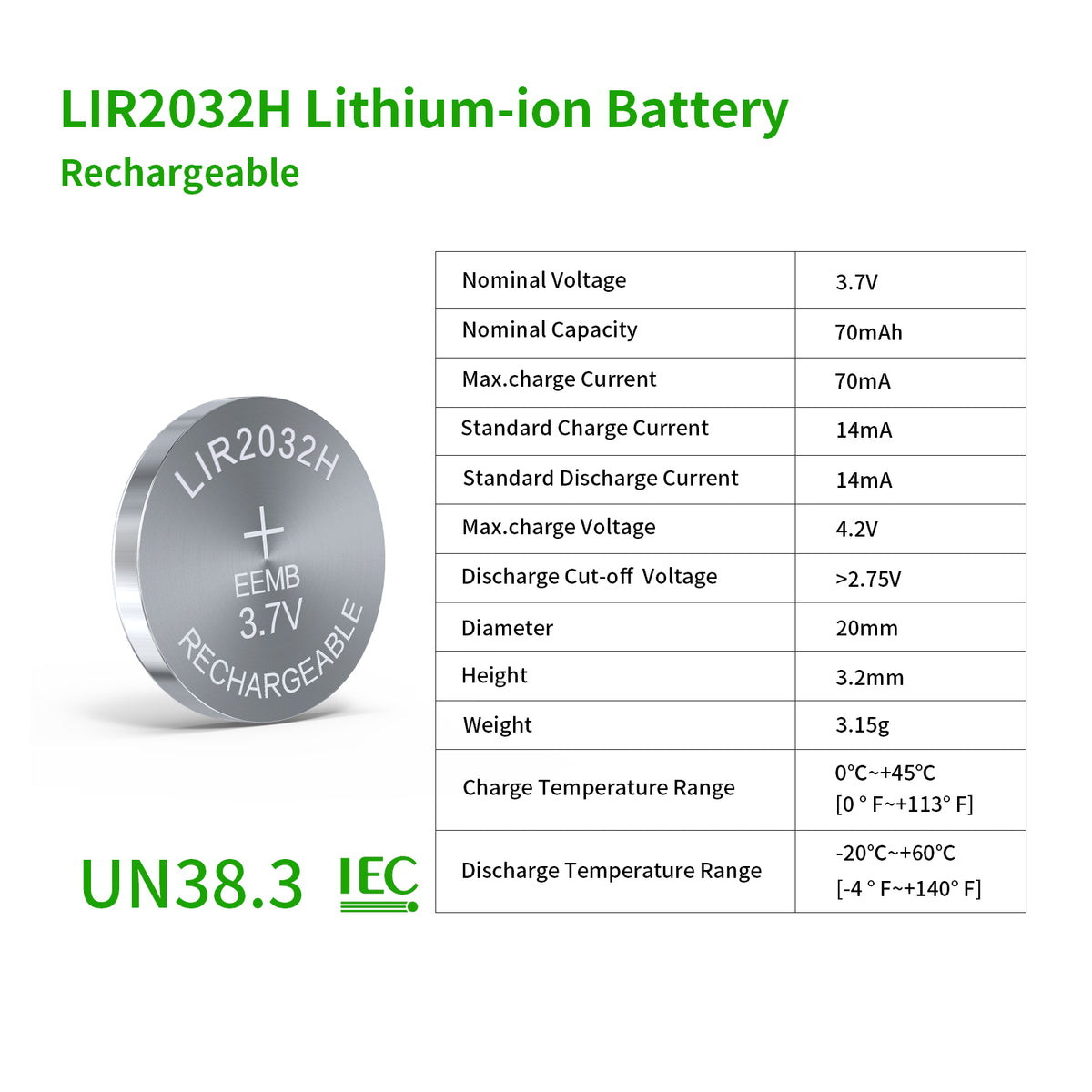 LIR2032H --  3.7V 70mAh