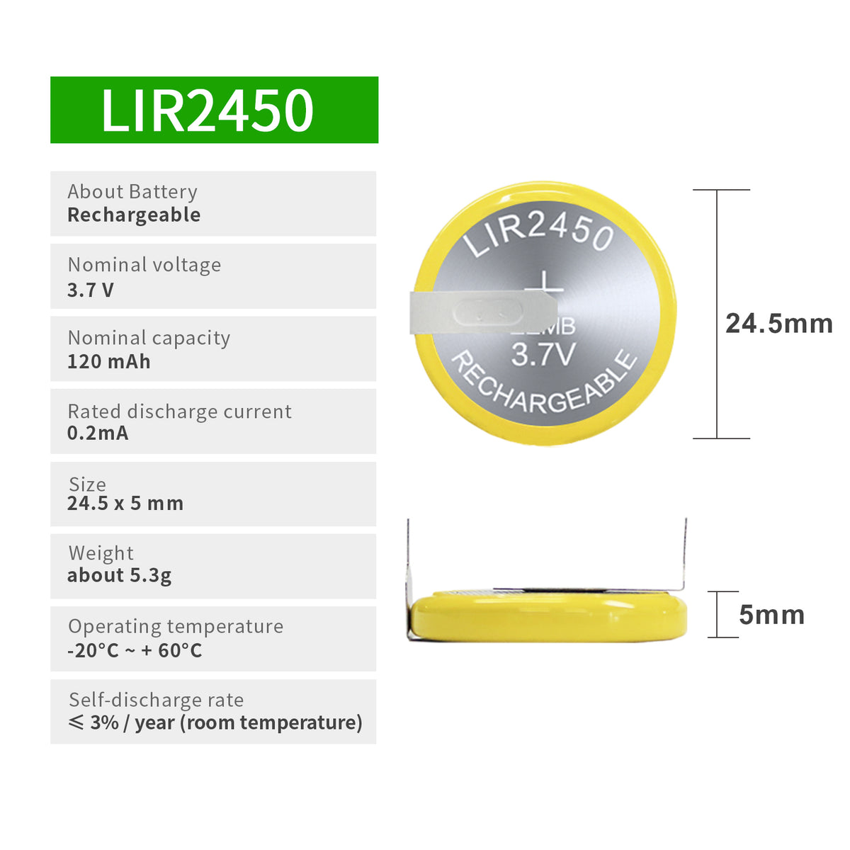 LIR2450-VBY2 --  3.7V  120mAh