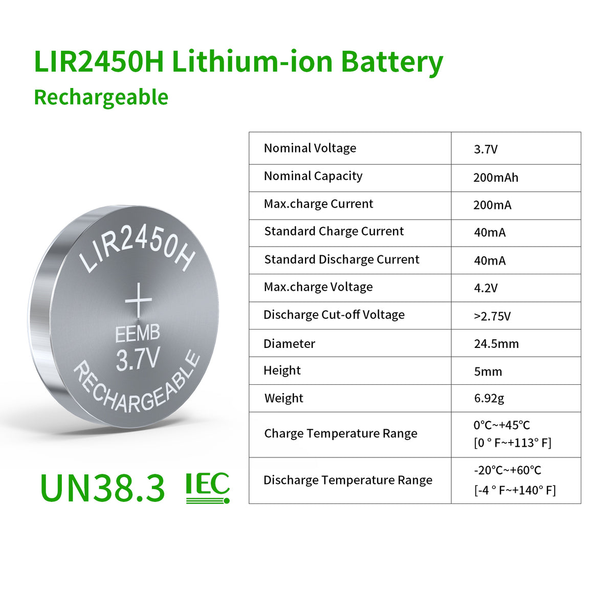 LIR2450H-- 3.7V 200mAh