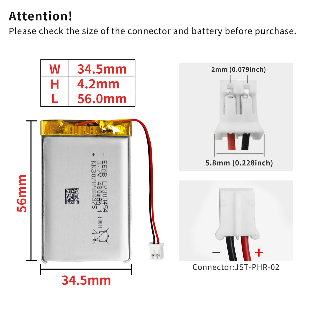 LP303454 -- 3.7V 480mAh