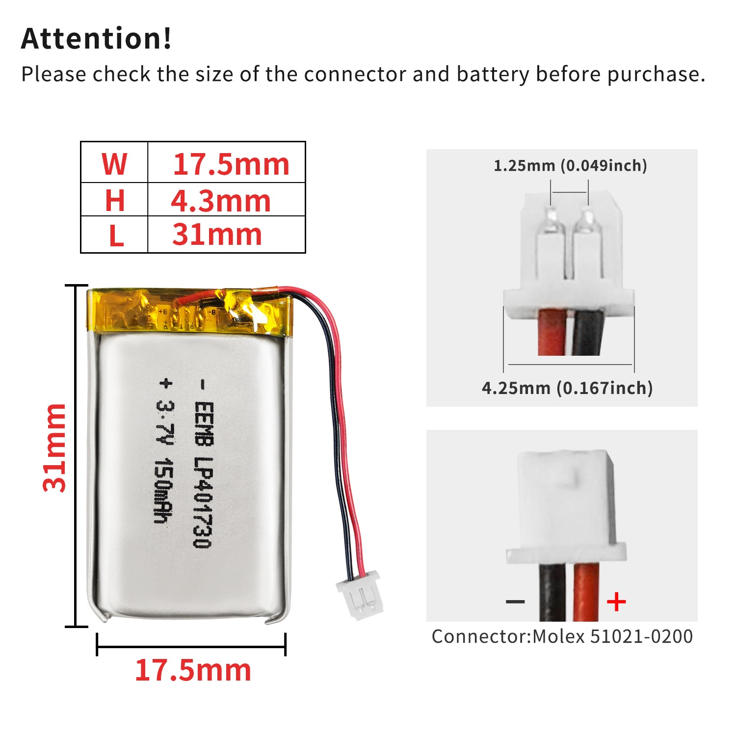 Batterie Li-ion 3.7V 150mAh 30C Avec Connecteur Ph2.0 - Pour Drone H36F Terzetto 1/20 Et Bateau RC - 3
