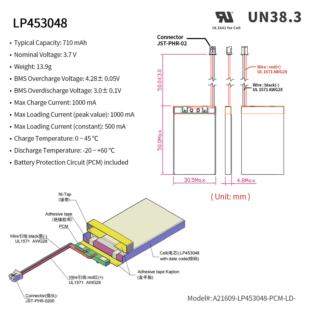 LP453048 -- 3.7V 710mAh