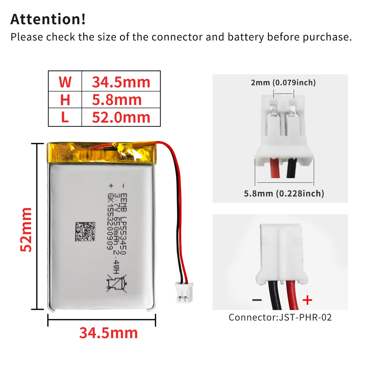 LP553450 -- 3.7V 650mAh